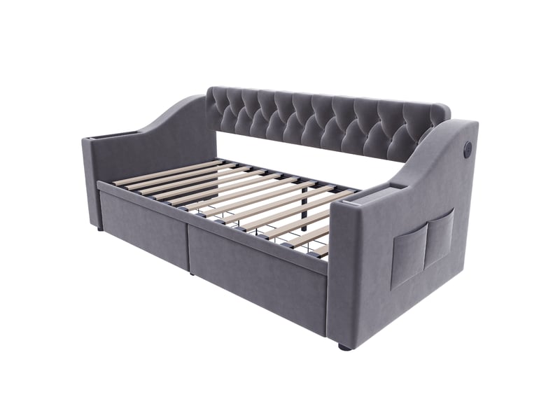  Lit canapé velours gris foncé 90x190 cm avec accoudoirs usb, rangements et tiroirs  - Conforama E