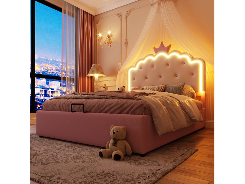  Lit enfant 140 x 200 cm avec sommier, led, coffre hydraulique, rose  - Conforama D
