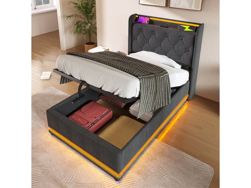  Lit coffre simple 90x200 cm en tissu gris avec led, usb, type-c et rangements, matelas inclus  - Conforama C