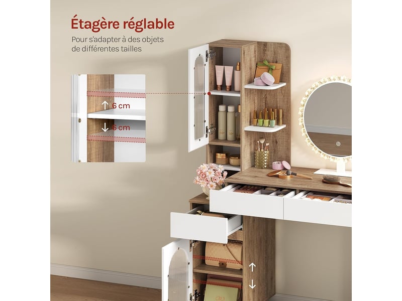  Coiffeuse avec miroir led - miroir rond mobile - chêne clair et blanc - coiffeuse polyvalent  - Conforama C