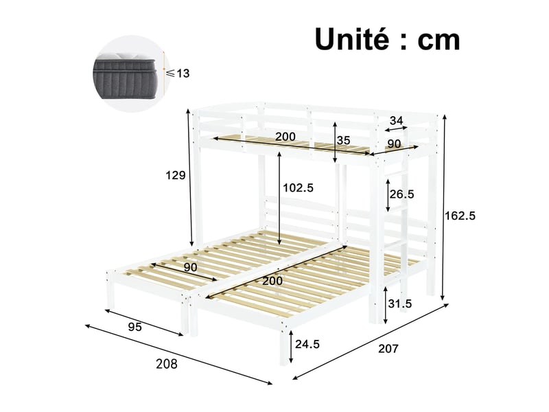  Lit superposé 3 places en bois massif, lit avec échelle latérale et rangement, 90x200 cm, sans matelas, blanc  - Conforama D