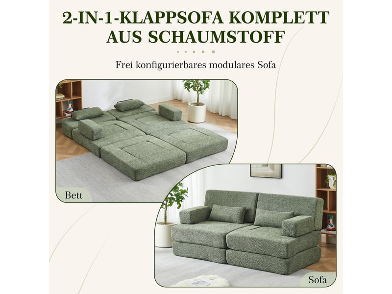  Lot de 2 canapés en chenille et fer, 4 modules pliables, dossiers hauts, avec attaches et fonction couchage  - Conforama D