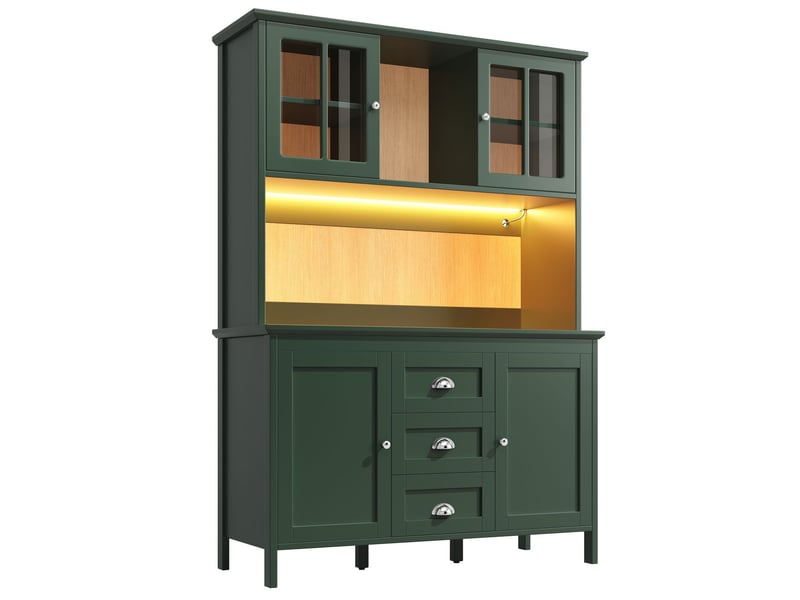  Buffet de cuisine 120 x 40 x 179 cm armoires hautes portes vitrées marron éclairage led coloris vert  - Conforama D
