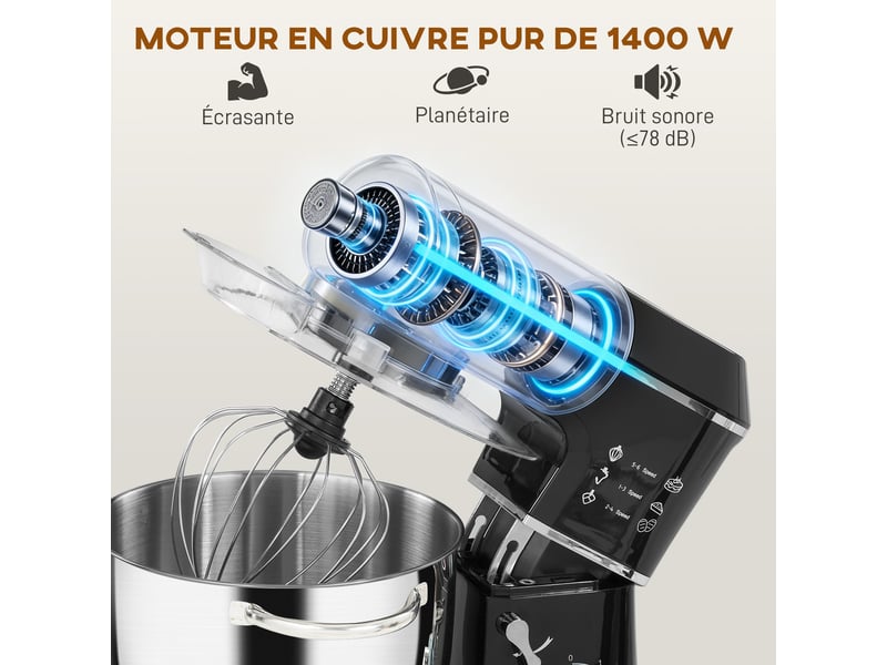 Robot pâtissier 1400 w, robot pétrin professionnel 7 l avec 6+p vitesses, crochet pétrisseur, noir - Conforama D