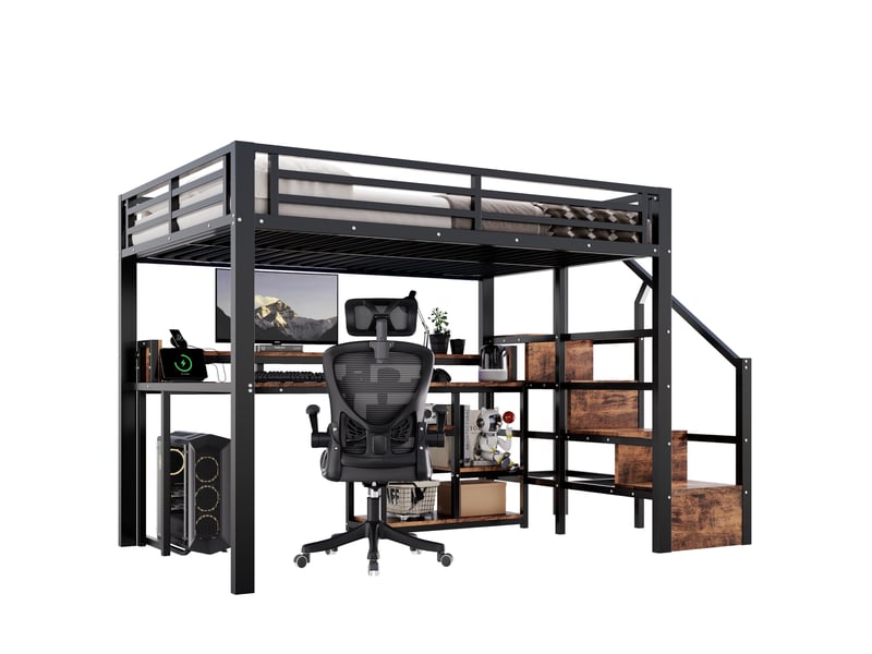  Lit mezzanine 140x200 cm en métal et mdf noir avec échelle-rangement, led multicolore, usb et usb-c, sans matelas  - Conforama A