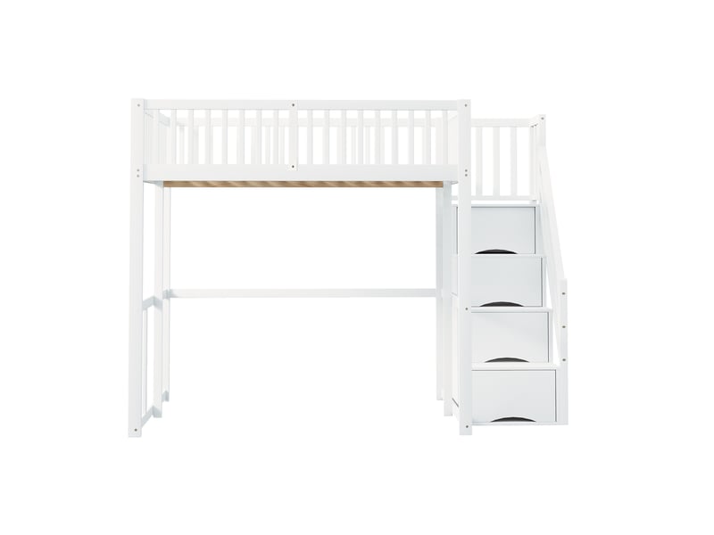  Lit mezzanine 200×140 cm avec escalier de rangement et garde-corps, sans matelas, en pin massif blanc  - Conforama E