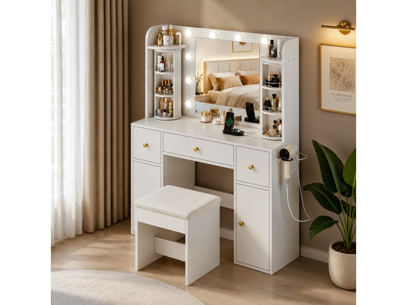  Coiffeuse miroir led 115x40x142 cm, éclairage réglable, organiseur bijoux pivotant, usb-c, 3 tiroirs, 2 armoires, panneau particules - blanc  - Conforama D