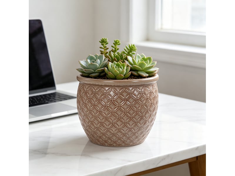  Pot de fleurs en céramique ø 23 x h 20,5 cm – beige brillant – relief pièces et drainage pour intérieur et balcon  - Conforama B