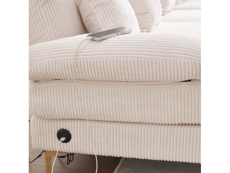Canapé panoramique fixe 4 places en velours côtelé beige avec led et port usb-c, confort pour le salon - Conforama D