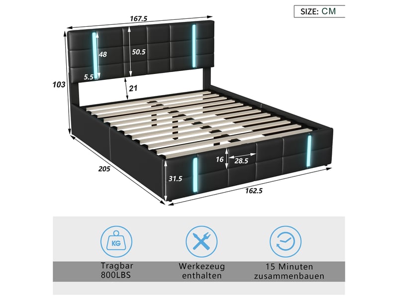 Lit coffre 160x200 cm avec 2 usb ,lit double rembourré 160x200 cm, cadre de lit avec sommier à lattes,noir,pu - Conforama C