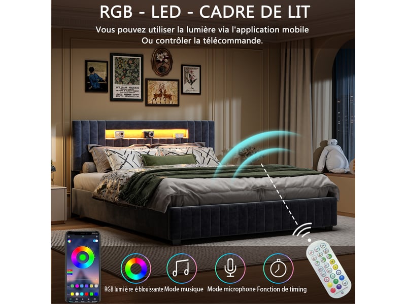Lit coffre 2 places 140x200 cm, lit adulte avec rangement, tête de lit avec led, design européen, velours gris - Conforama R