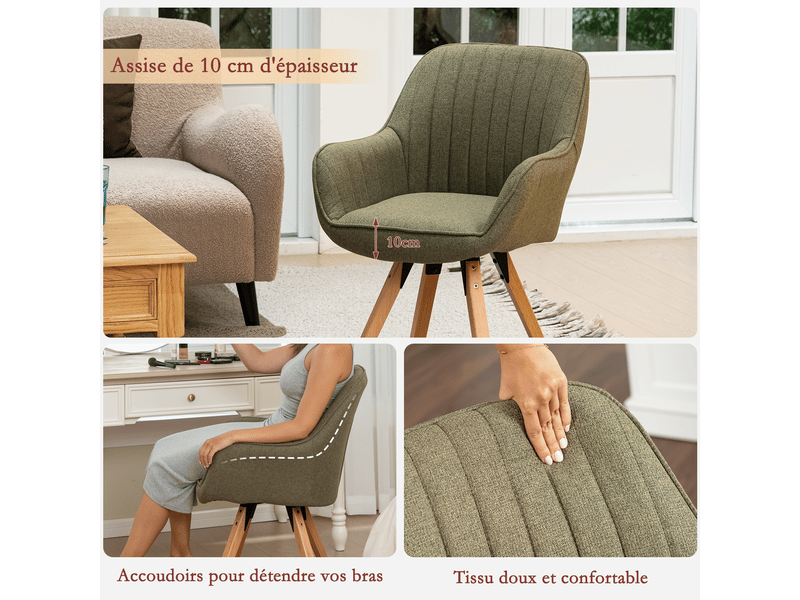 Lot de 6 chaise salle à manger scandinave fauteuil coiffeuse siège pivotant avec accoudoirs rembourré en tissu pieds en bois massif, vert - Conforama E