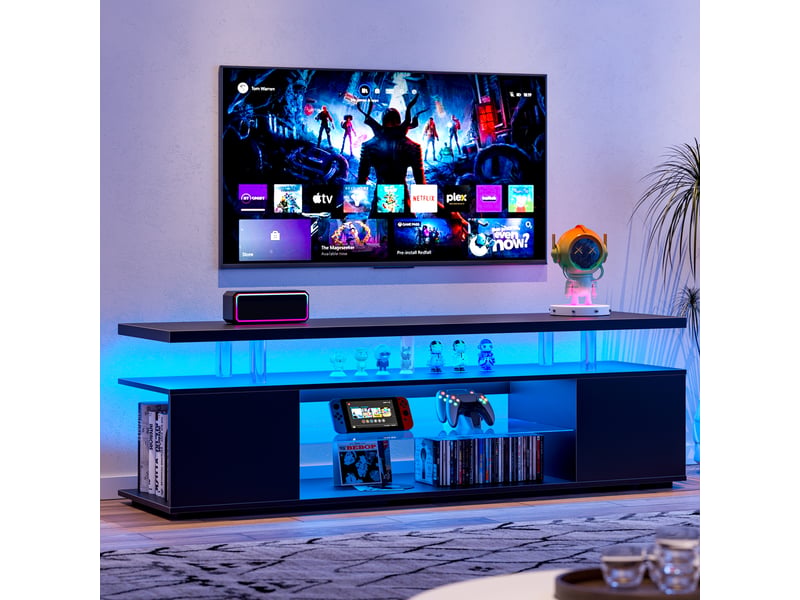  Meuble tv 60 pouces gaming led avec rangement, 130x40x48cm, mdf, noir  - Conforama W