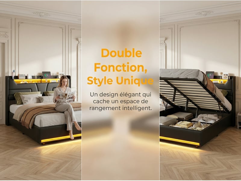 Lit 2 places 140x190 cm - éclairage led - prise électrique intégrée et sommier à lattes - noir - Conforama E