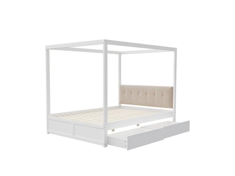  Lit adulte 140x200cm,lit baldaquin en bois massif avec 2 grands tiroirs,dossier rembourré et conception de tente,blanc lit adulte blanc - Conforama E