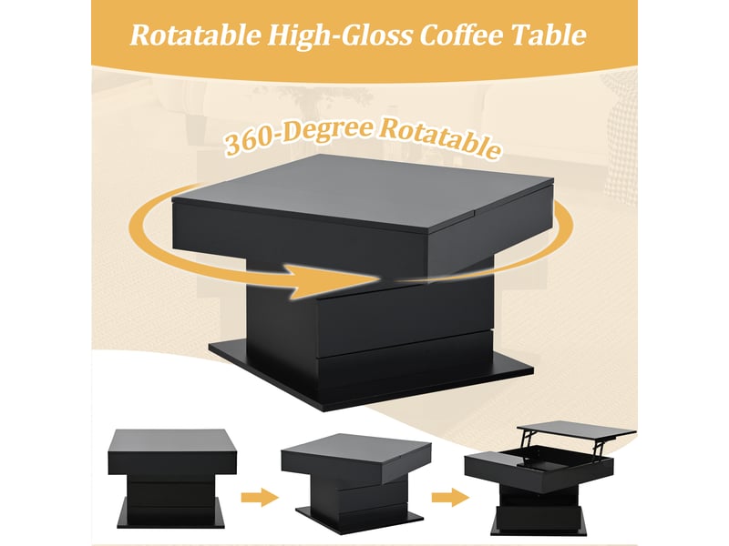  Table basse, à plateau relevable, pivotante à 360°, avec 1 tiroir, 70 x 70 x h 45–59 cm, noir, rangement pratique, structure en panneau de particules Luxe haut de gamme - Conforama E