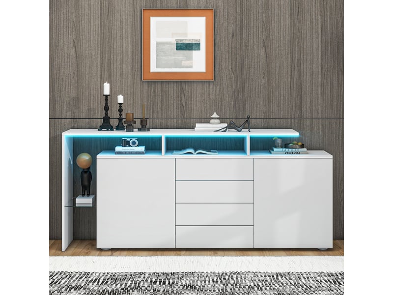 Buffet blanc laqué avec led 160 cm meuble tv 4 tiroirs et 2 portes - Conforama E