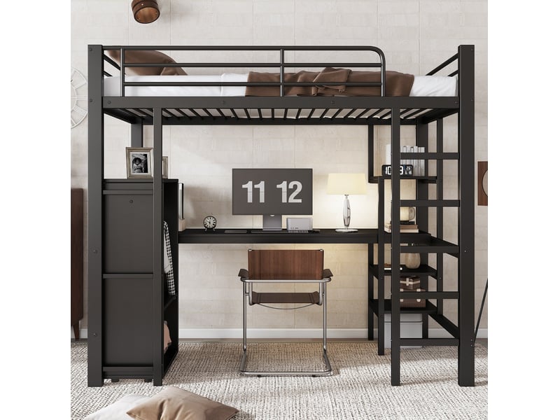  Lit mezzanine enfant 90x200 cm – noir – bureau, armoire, étagères et rangements intégrés – sans matelas  - Conforama B