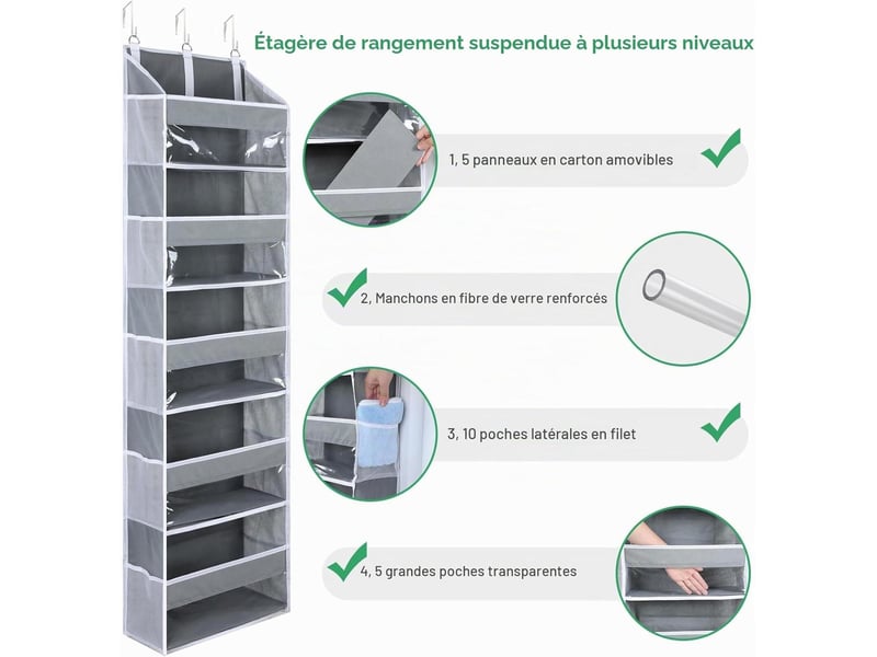 Organisateur de rangement suspendu pour porte (140 x 39 x 17 cm) avec 10 poches latérales et 3 crochets métalliques, gris SJY-HRC0005128LY - Conforama C