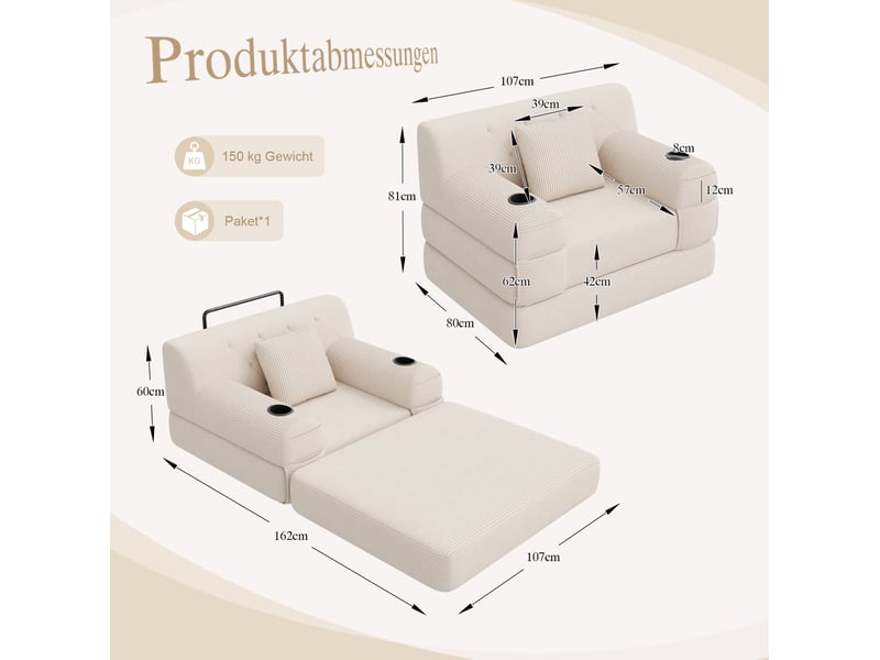  Canapé convertible 1 place 107x80x81 cm – beige – dossier haut, repose-pieds et rangements intégrés  - Conforama C