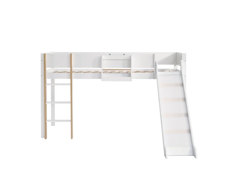 Lit mezzanine enfant avec toboggan 90x200 cm, lit surélevé cabane avec échelle à 3 marches et étagère amovible, blanc et naturel - Conforama A