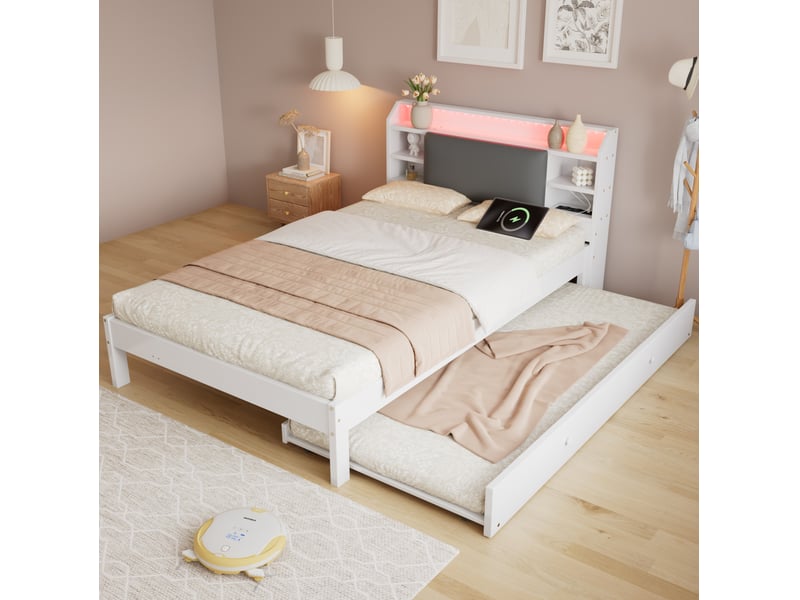  Lit fonctionnel 120x200 cm avec lit gigogne 90x190 cm, blanc, tête de lit led  - Conforama B