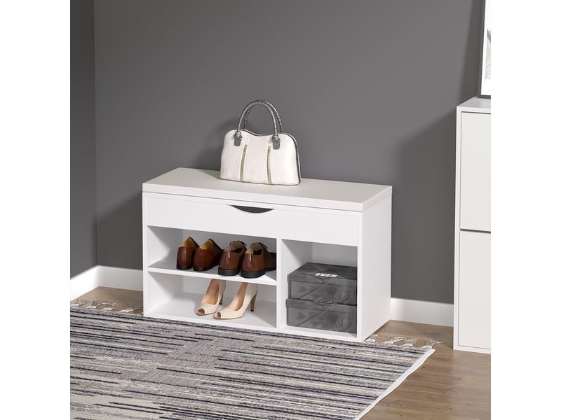  Banc à chaussures moderne avec siège, étagère à chaussures d'entrée avec tiroir, étagères ouvertes et 1 coussin pour couloir, 80 x 30 x 47 cm  - Conforama D