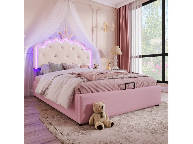  Lit enfant 140 x 200 cm avec sommier, led, coffre hydraulique, rose  - Conforama E