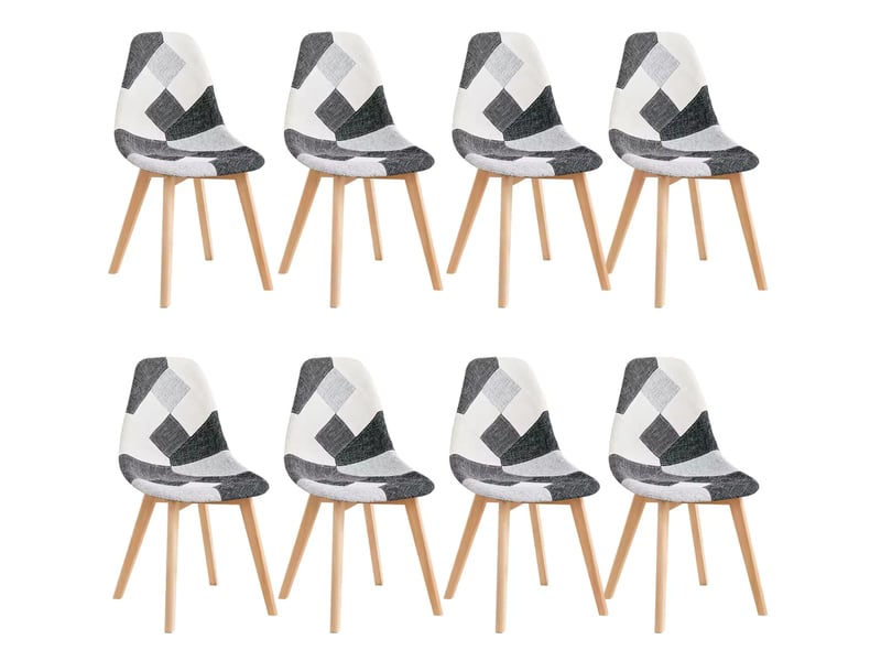 Lot de 8 chaises de salle à manger 46x40x85 cm – patchwork gris, blanc et multicolore – pieds en bois  - Conforama A