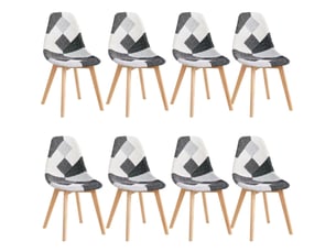 Lot de 8 chaises de salle à manger 46x40x85 cm – patchwork gris, blanc et multicolore – pieds en bois