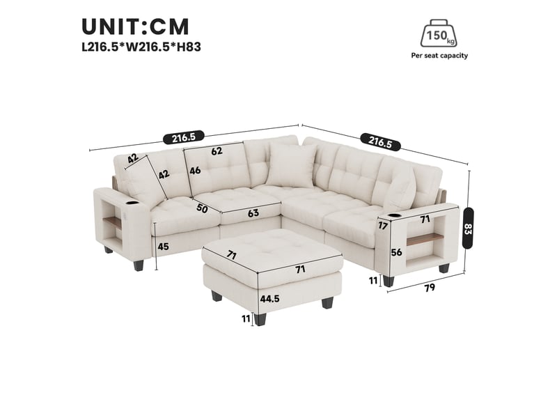  Canapé modulable 5 pl 216,5x216,5x83cm, angle avec repose-pieds, rangement, chenille beige.  - Conforama C