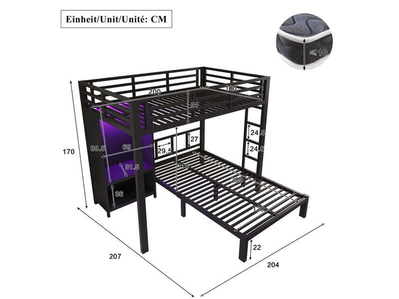 Lit superposé modenvie 2 couchages 120 x 200 cm avec armoire intégrée led métal noir - Conforama C