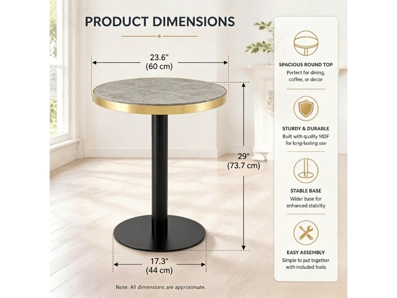  Table d'appoint ronde avec plateau effet marbre et piètement central en métal pour salon, chambre ou balcon, diamètre 60 cm  - Conforama D