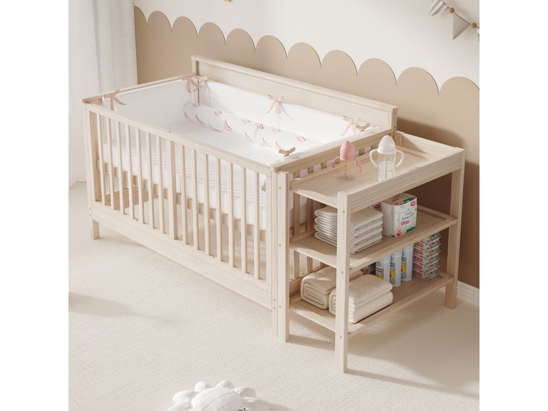  Lit bébé 3 en 1 184,5x74,5cm lit cododo avec table à langer amovible bois de pin massif naturel  - Conforama R