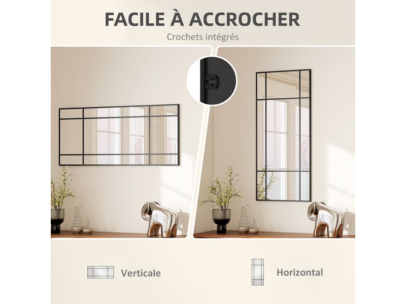  Miroir mural verrière rectangulaire style fenêtre, en métal noir - 110x50 cm, horizontal ou vertical avec 4 crochets  - Conforama E