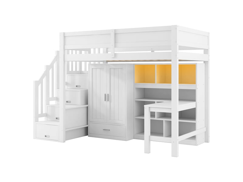  Lit haut 90x200 cm, coloris blanc, bureau, bibliothèque, penderie, marche-coffre et led.  - Conforama A