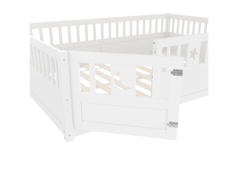  Lit enfant 140 x 190 cm avec barrières, portillon verrouillable et décor étoiles et lune, pin et contreplaqué, blanc Fay Lum - Conforama E