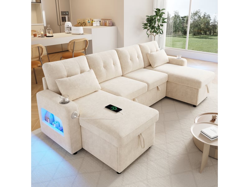  Canapé d’angle convertible u 4-5 places 266 cm, double méridienne, rangements, usbusb-c, porte-gobelets, led 3 couleurs, chenille beige Morn Vibe - Conforama D
