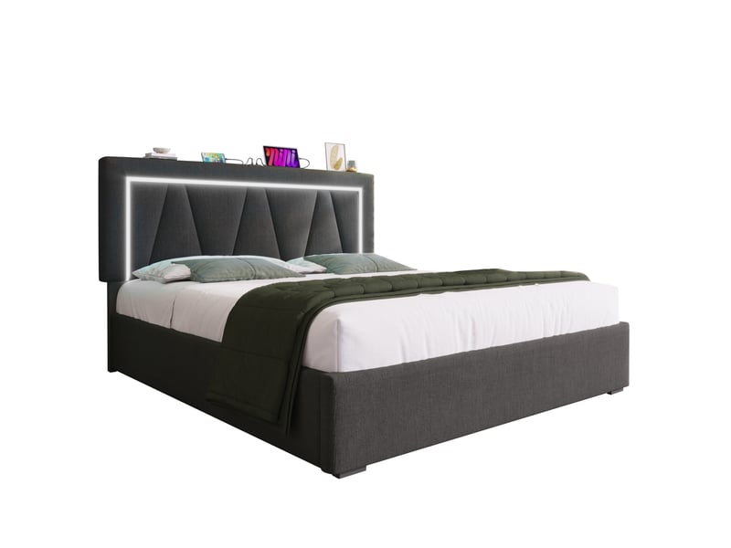 Lit coffre 2 places 160x200 cm, sans matelas, lin gris, sommier à lattes, type-c, usb, doté de led intégré  - Conforama A