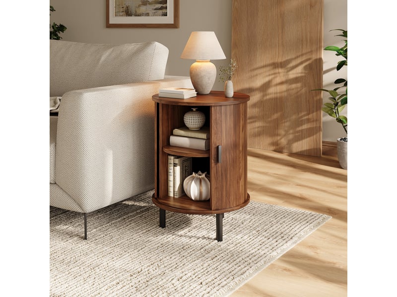  Bout de canapé rond avec métal noir, 48×48×65 cm, porte coulissante striée, une tablette et deux niveaux de rangement  - Conforama E