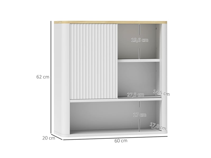  Meuble de salle de bain mural avec porte coulissante, 5 compartiments et étagères réglables, 60 x 20 x 62 cm, blanc  - Conforama C