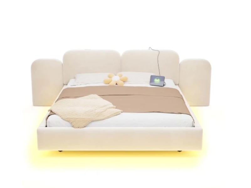  Lit capitonné 180×200 cm, rangement hydraulique, bandeau led, ports de charge, sommier à lattes stable, velours beige  - Conforama A