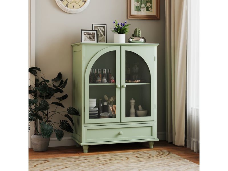  Buffet de cuisine - 71x38x93,5 cm - meuble de rangement style maison de campagne avec portes vitrées cintrées et tiroir - vert  - Conforama D
