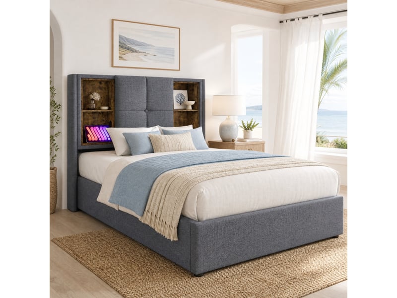  Lit 1 place 90 x 200 cm avec rangement, recharge sans fil, usb et type-c, gris coton  - Conforama D
