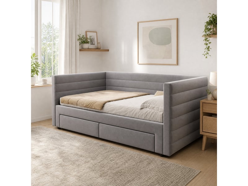  Lit simple 90x190+180x190 cm convertible en lit double, en coton et lin gris  - Conforama B