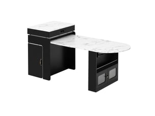 Table à manger extensible 80x55-195x95,5 cm avec roulettes, led, prises usbtype-c, rangements, mdf verre, noir et blanc