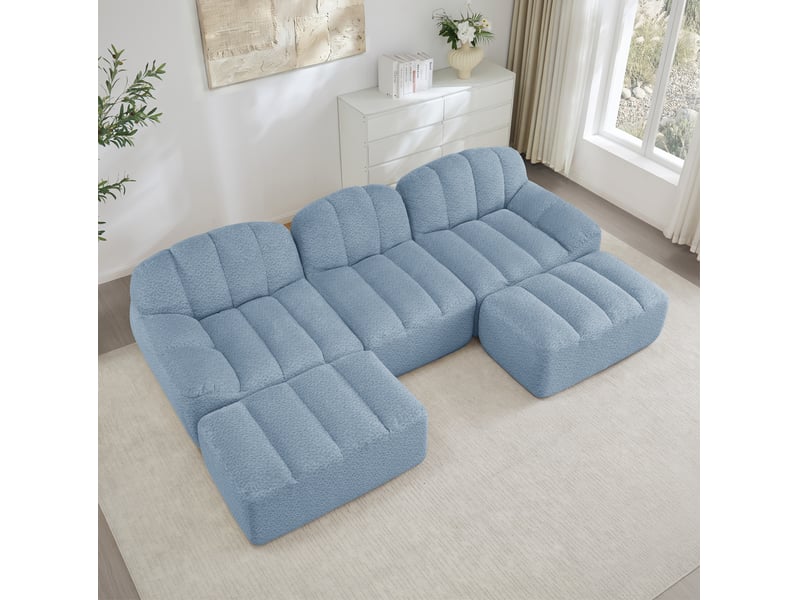  Canapé modulable en u ulevr 3 places avec 2 poufs, mousse haute densité 32d, tissu polaire granulé bleu, 288 x 165 x 79 cm  - Conforama E