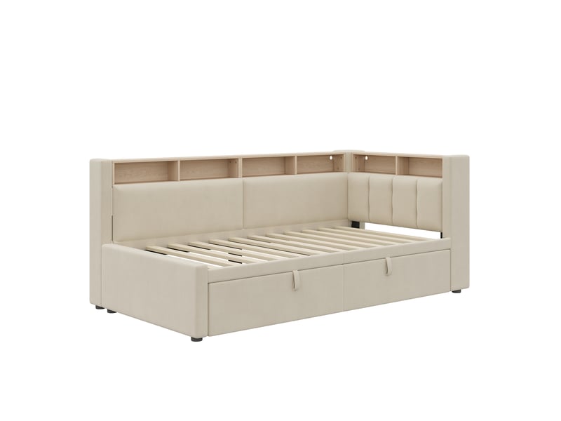 Canapé-lit rembourré 90x200 cm extensible 180x200 cm,éclairage led,tête de lit d'angle avec rangement,lit de jour,tissu lin,sans matelas,beige - Conforama R