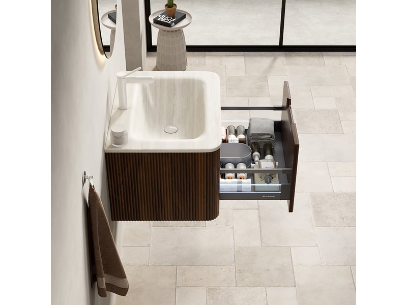  Meuble sous vasque suspendu avec tiroir à fermeture douce - lpospi - éclairage led, pierre frittée beige et noyer  - Conforama E