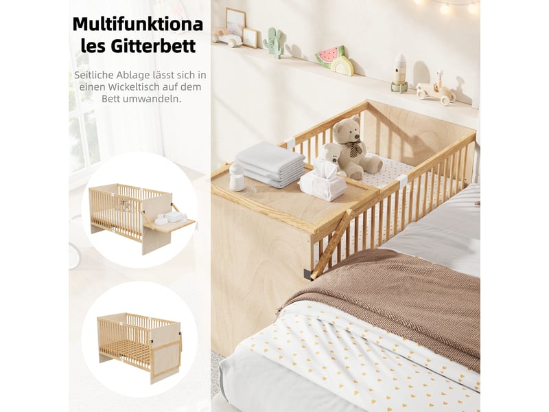  Lit bébé avec barrière 1 place, table à langer rabattable, 4 hauteurs - okmyhome- sans matelas, bois naturel  - Conforama E